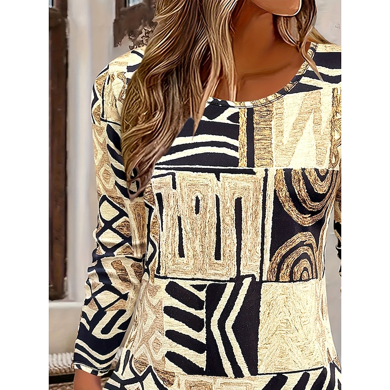 Women's T Shirt Graphic Geometric Tribal Vintage Stylish Classic Long Sleeve Crew Neck Round Neck Regular Tops Daily Print Khaki Spring Fall Winter3