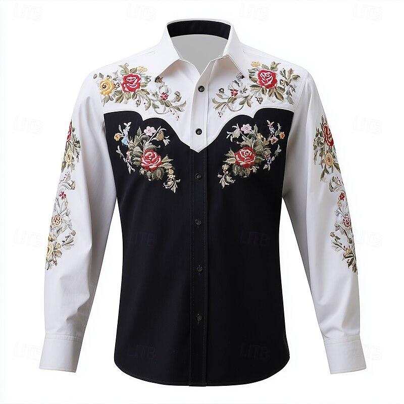 Men's Floral Print Cow Print Flowers Shirt Western Shirt Cowboy Shirt Long Sleeve Vintage Retro Outdoor Vacation Spring Fall Turndown 3D Print Linen Like Shirt Red Blue Purple Orange