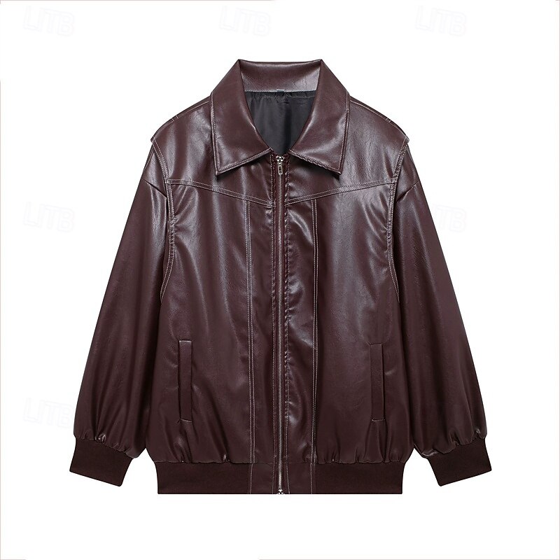 Women's Faux Leather Jacket Winter Coat Warm Comfortable Zipper Pocket Casual Solid Color Vacation Street Casual Daily Wear Regular Turndown Loose Fit Long Sleeve Outerwear Silver Burgundy Purple2