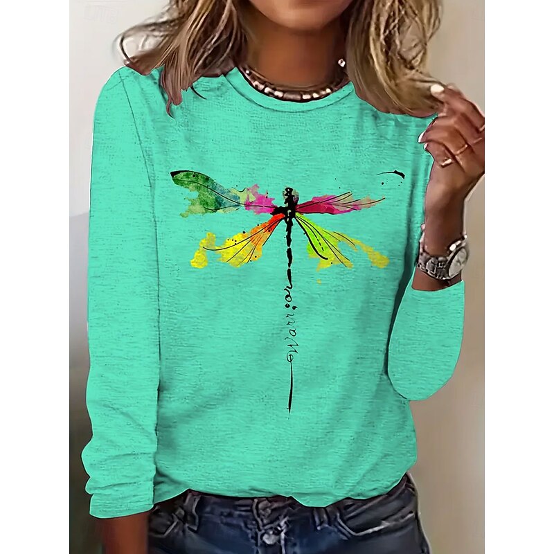 Women's T Shirt Graphic Dragonfly Vintage Stylish Classic Long Sleeve Crew Neck Regular Tops Daily Print Pink Blue Green Spring Fall Winter2