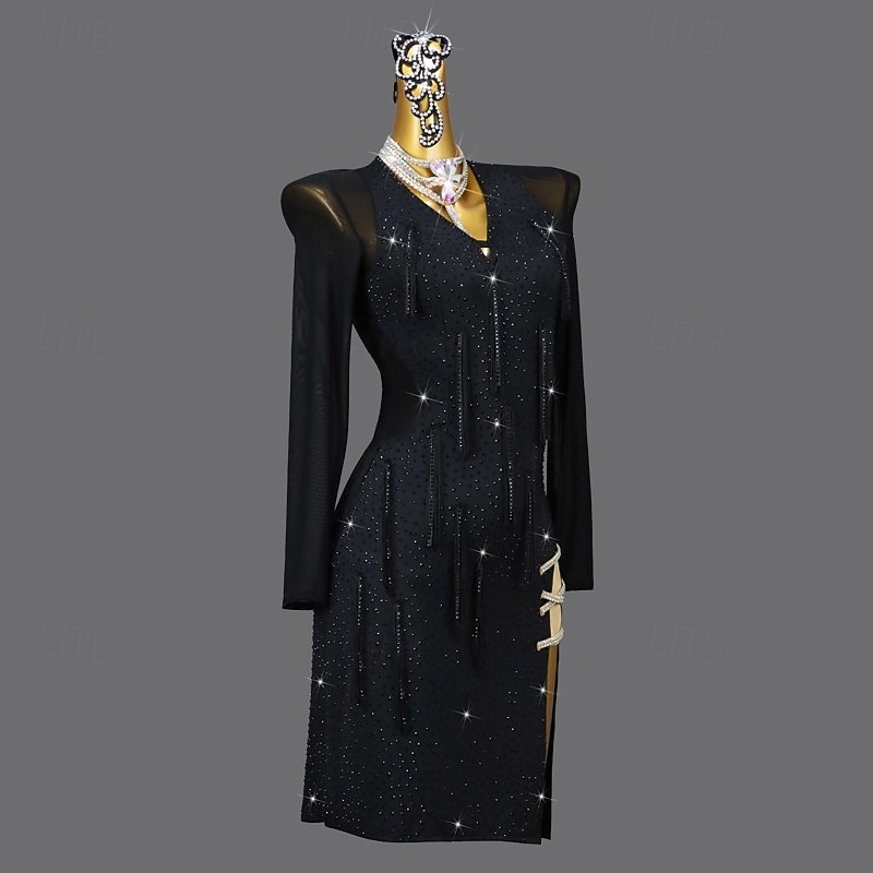 Latin Salsa Dance Dress Rhinestone Tassel Splicing Women's Performance Party Long Sleeve Mesh Spandex4
