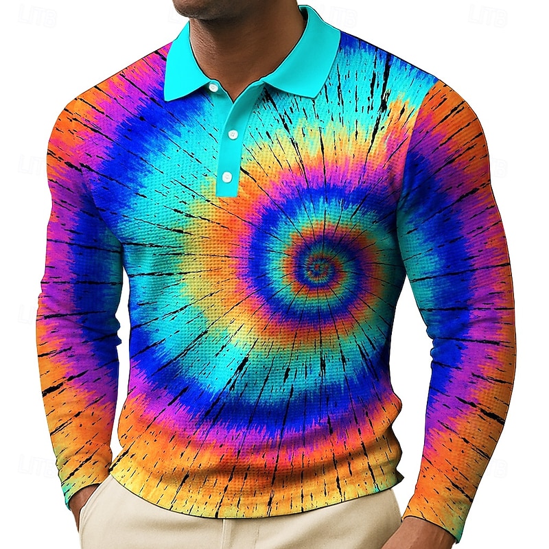 Men's Geometic Waffle Polo Shirts Long Sleeve Polo Shirts Collared Shirts Casual Street Daily Wear Buttons Spring Fall Winter Blue Orange2