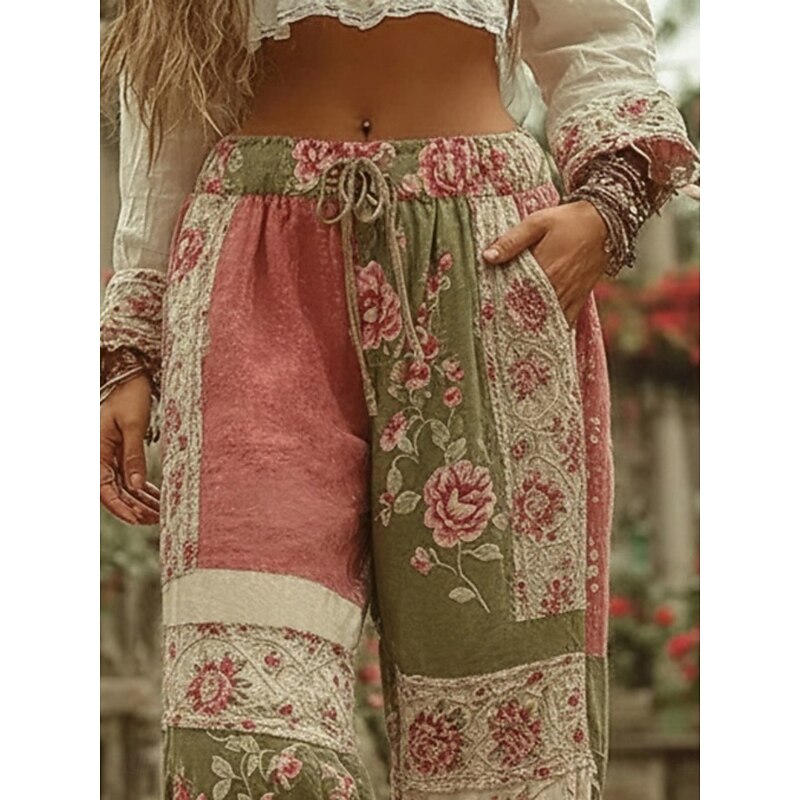 Women's Wide Leg Pants Trousers Fashion Streetwear Full Length Mid Waist Floral Pocket Elastic Waist Print Comfy Breathability Micro-elastic Outdoor Dailywear Daily Pink Spring Fall Regular Fit2