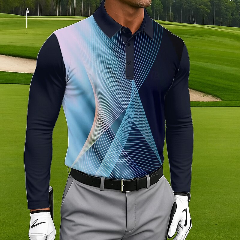 Men's Geometric Golf Polo Long Sleeve Polo Shirts Lapel Casual Outdoor Athleisure Daily Wear 3D Print Buttons Spring Fall Winter Blue Purple Orange