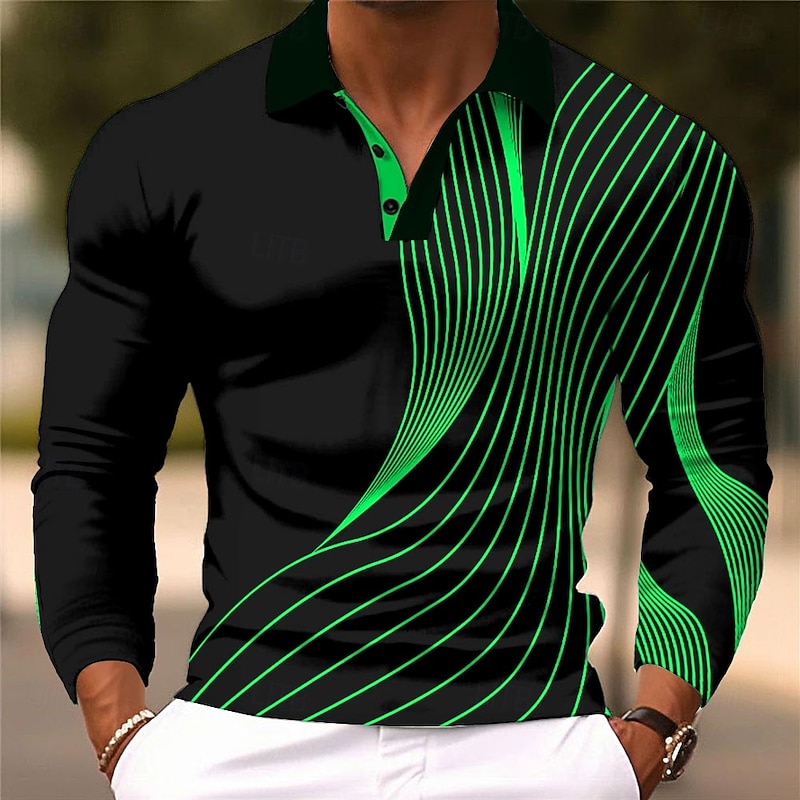 Men's Geometic Line Polo Long Sleeve Polo Shirts Collared Shirts Business Casual Business Athleisure Daily Wear 3D Print Buttons Spring Fall Winter Black Red Blue3