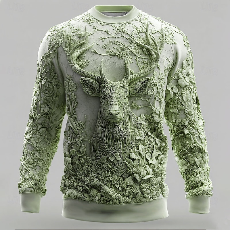 Men's 3D Print Deer Sweatshirt Casual Crew Neck Vacation Party Gift Red Blue Crewneck 3D All Seasons Designer4