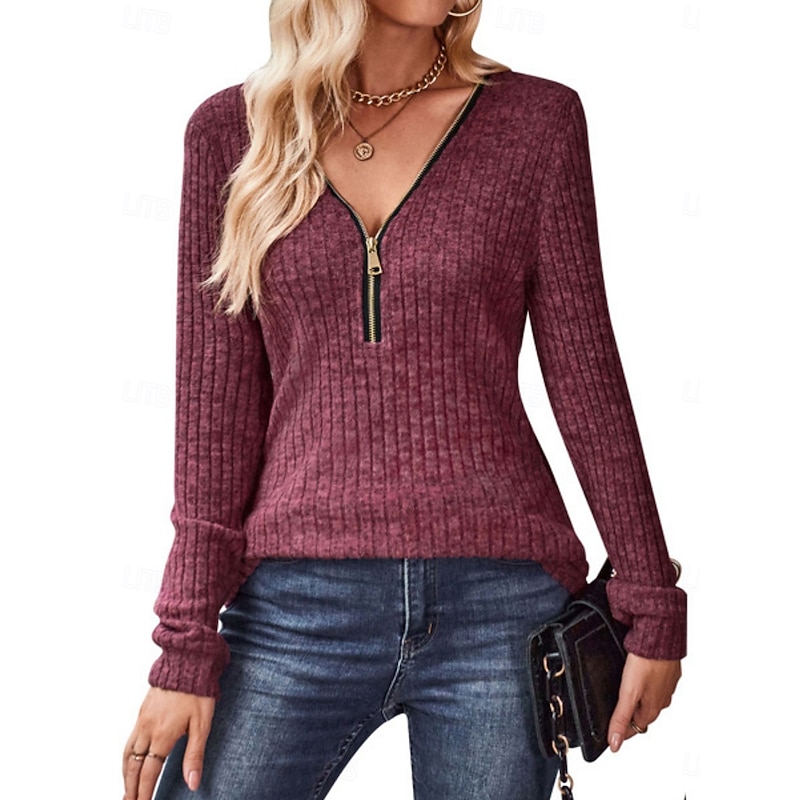Women's Blouse Solid Color Stylish Casual Long Sleeve V Neck Regular Tops Daily Zipper Black Blue Fuchsia Green Khaki Spring Fall Winter