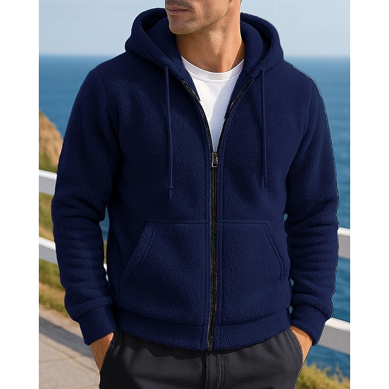 Men's Zip Up Sweatshirt Winter Coat Polar Fleece Jacket with Pockets Long Sleeve Top Athleisure Fall Solid Colored Windproof Warm Outdoor Travel Vacation Sportswear Activewear Black Khaki Dark Blue4