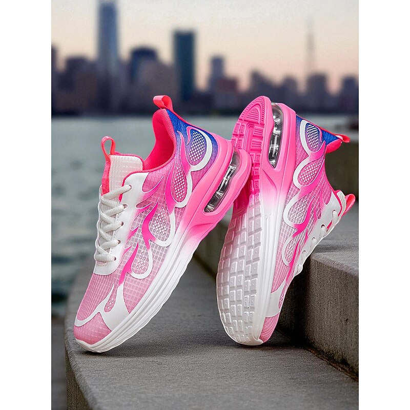 Women's Rose Pink Running Shoes – Breathable Mesh Lace-Up Sneakers with Flame Print for Gym, Training and Casual Wear