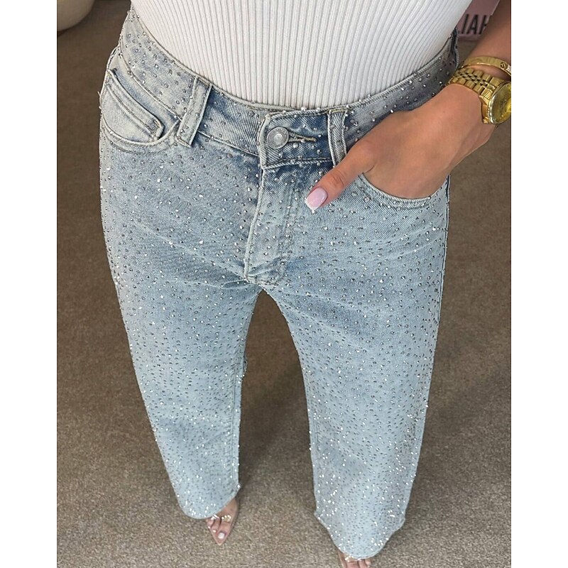 Women's Jeans Chinos Straight Streetwear Casual Full Length Medium Waist Plain Pocket Elastic Waist Comfortable Micro-elastic Outdoor Vacation Daily Black Light Blue Fall Winter Loose Fit2