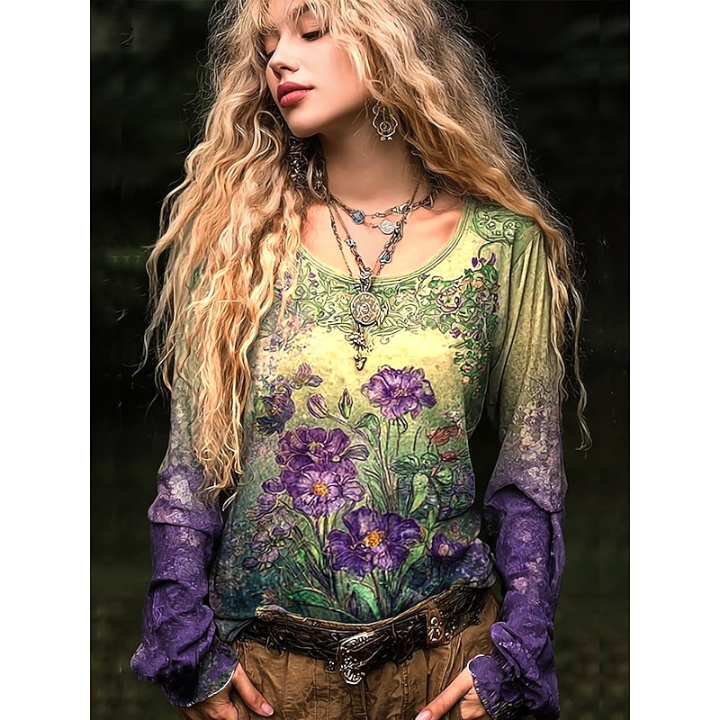 Women's Plus Size T Shirt Floral Graphic Plants Basic Long Sleeve Crew Neck Regular Tops Daily Going out Weekend Print Purple Orange Green Summer Spring Fall