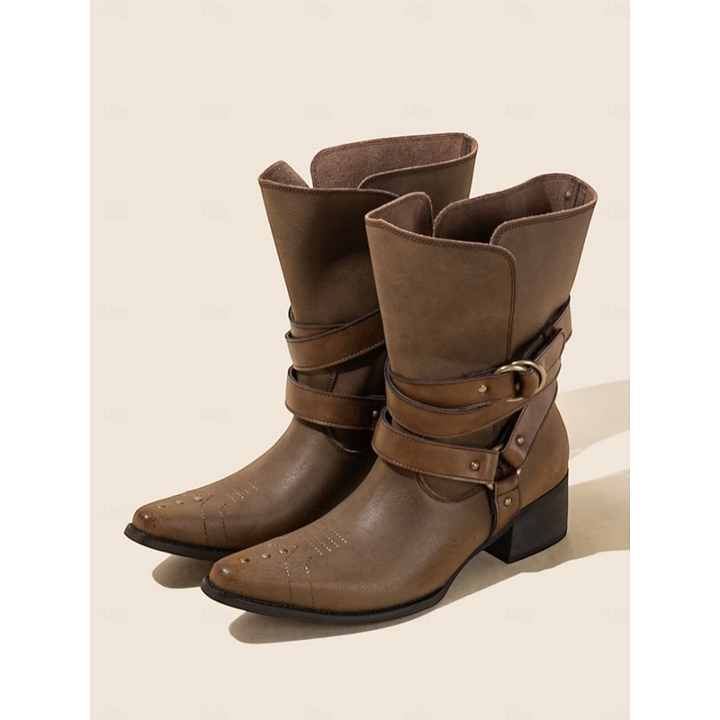 Women's Bohemian Western Style Brown Boots with Buckle Straps and Chunky Heel - Perfect for Casual Wear and Festivals3