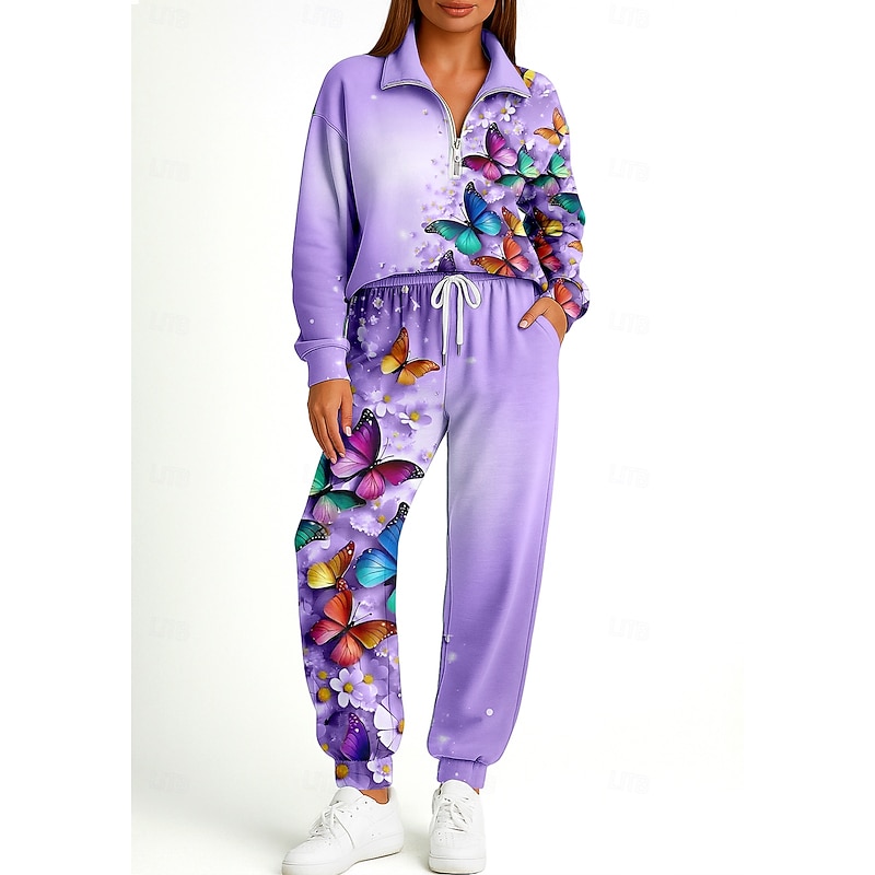 Women's Sweatshirt Tracksuit 2 Piece Tracksuit Drawstring Zip Up Floral Athletic Clothing Set Clothing Suit Fall Purple Vocation Outdoor Travel Lightweight Fashion Long Sleeve Sport Activewear