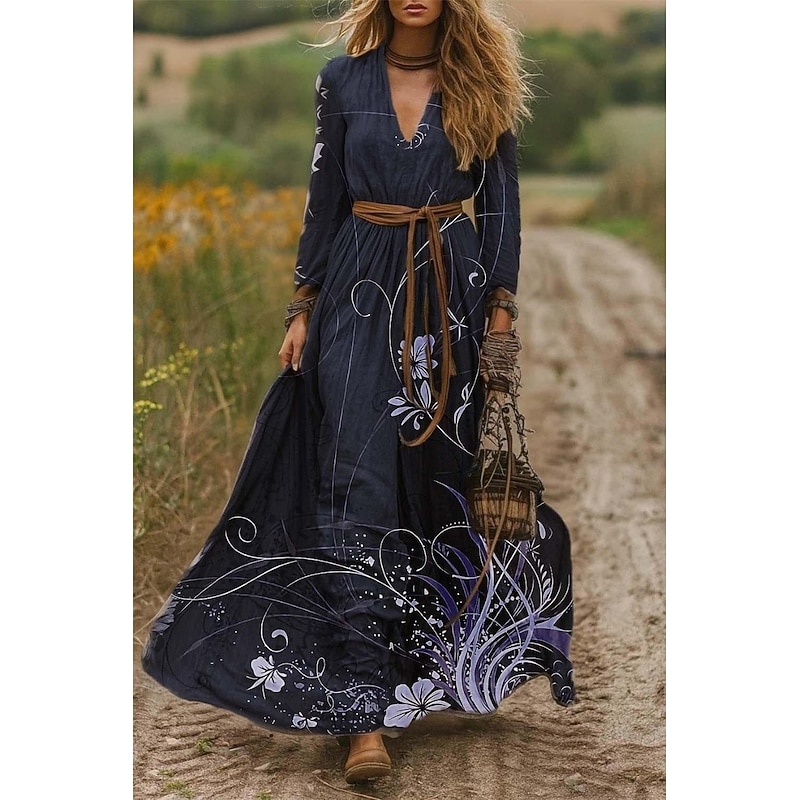 Women's Maxi Dress A Line Dress Pleated Dress Fit And Flare Dress Vacation Casual Boho Date Going out Regular Fit Floral Graphic Long Sleeve V Neck Purple Brown Green Spring Fall Winter Autumn