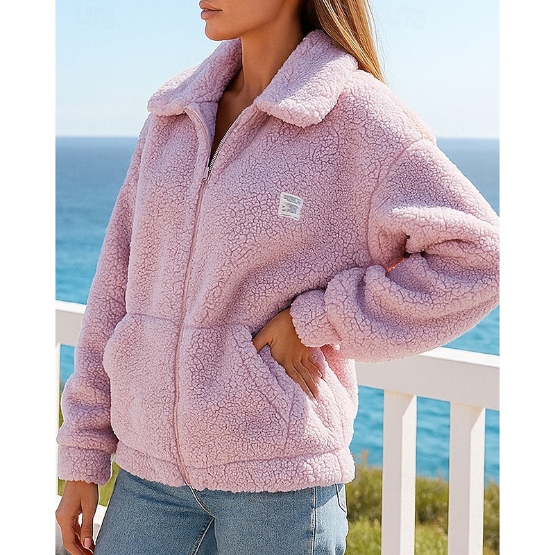 Women's Zip Up Sweatshirt Winter Coat Polar Fleece Jacket with Pockets Long Sleeve Top Athleisure Fall Solid Colored Windproof Warm Outdoor Travel Vacation Sportswear Activewear Black White Pink3