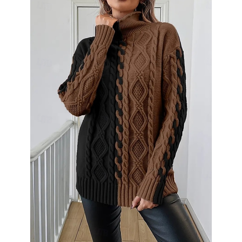 Women's Sweater Casual Soft Color Block Ribbed Mock Neck Knitted Long Sleeve Regular Tops Knit Outdoor Daily Weekend Black Red Fall Winter3