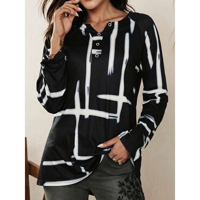 Women's T Shirt Plaid Basic Long Sleeve Flutter Sleeve V Neck Long Tops Daily Sports Buttons Black White Red Fall Winter