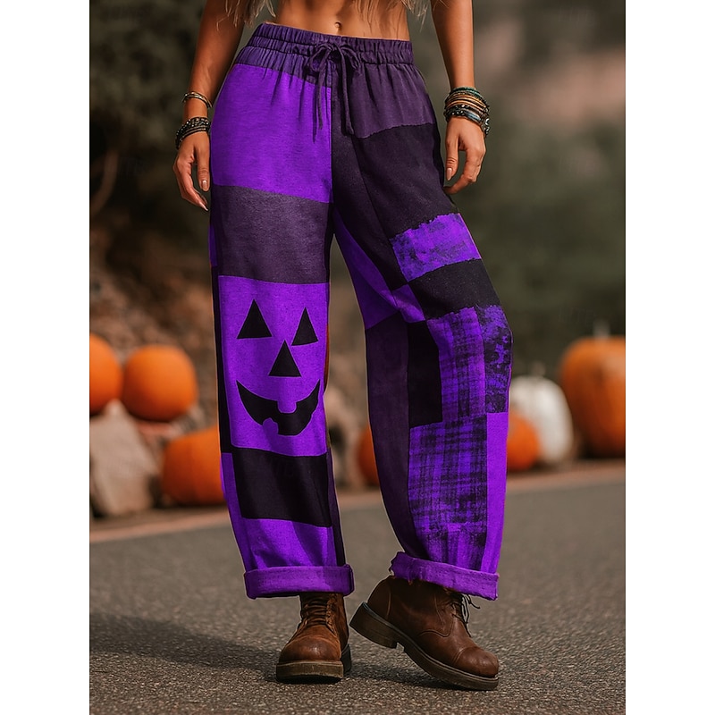 Women's Culottes Wide Leg Vacation Vintage Ethnic Style Full Length High WaistPantsHalloween Graphic Skull Monster Drawstring Patchwork Printing Quick Dry Breathability Soft Inelastic Formal Outdoor4