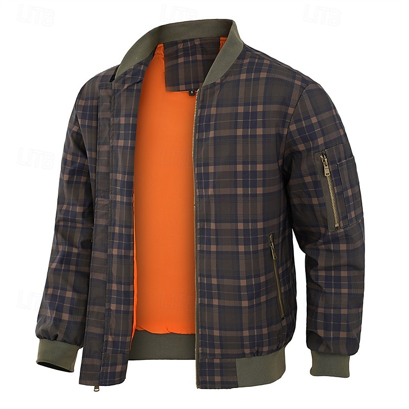 Men's Bomber Jacket Casual Jacket Vacation Daily Warm Pocket Fall Winter Plaid Fashion Classic Stand Collar Regular Dark Green Army Green Jacket4