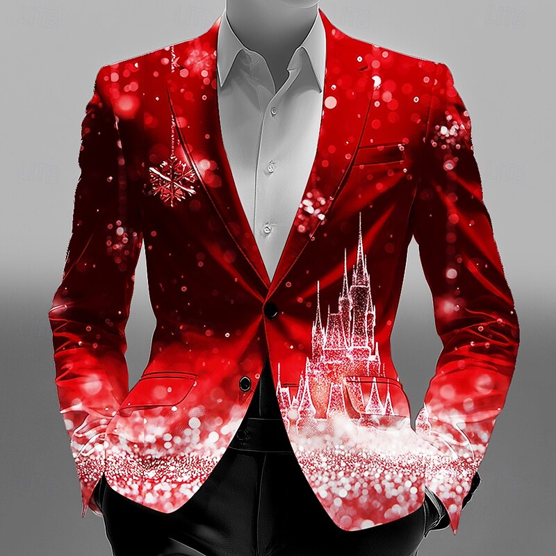 Men's Blazer Coat Christmas Street Casual Casual Daily Fall / Winter 100% Polyester Snowflake 3D Print Buttons Thermal Warm Comfortable Single Breasted Blazer Red Blue Purple Green