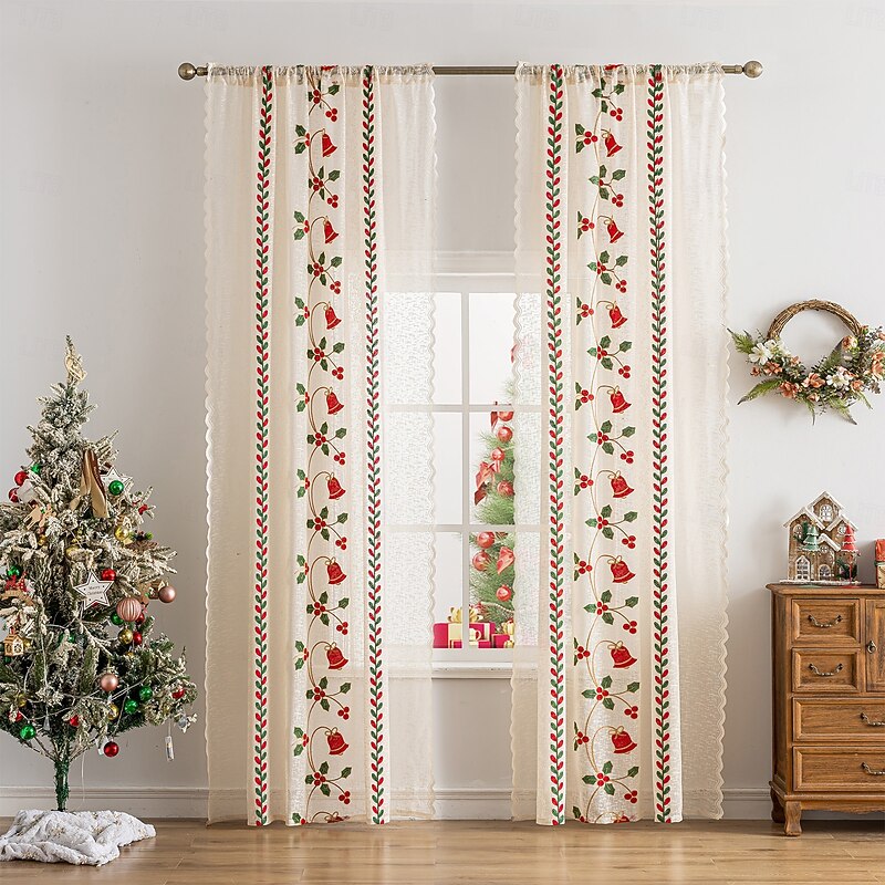 Christmas Embroidered Cutout Curtains, Holiday Window Drapes for Living Room and Bedroom, European American Style Ready-Made