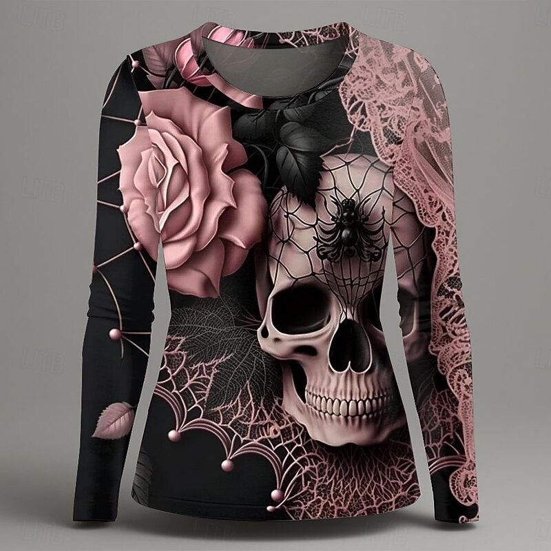 Halloween Women's T Shirt Graphic Skull Fashion Casual Long Sleeve Crew Neck Round Neck Regular Tops Daily Weekend Print Pink Blue Purple Green Summer Spring Fall