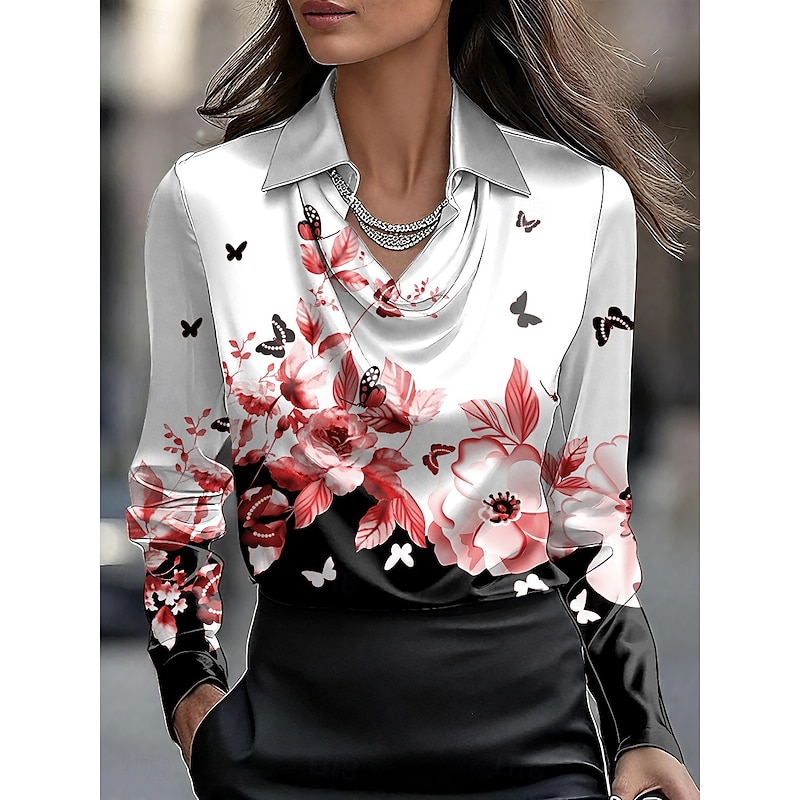 Women's Shirt Floral Graphic Elegant Stylish Casual Long Sleeve Cowl Neck Regular Tops Work Party Evening Wear Daily Ruched Draped Red Blue Purple Green Gray Summer Fall4