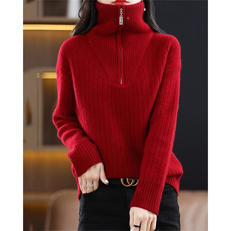 Women's Sweater Pullover Fashion Basic Casual Pure Color Ribbed Half Zip Zipper Knitted Long Sleeve Regular Tops Knit Outdoor Daily Weekend Red Fall Winter4