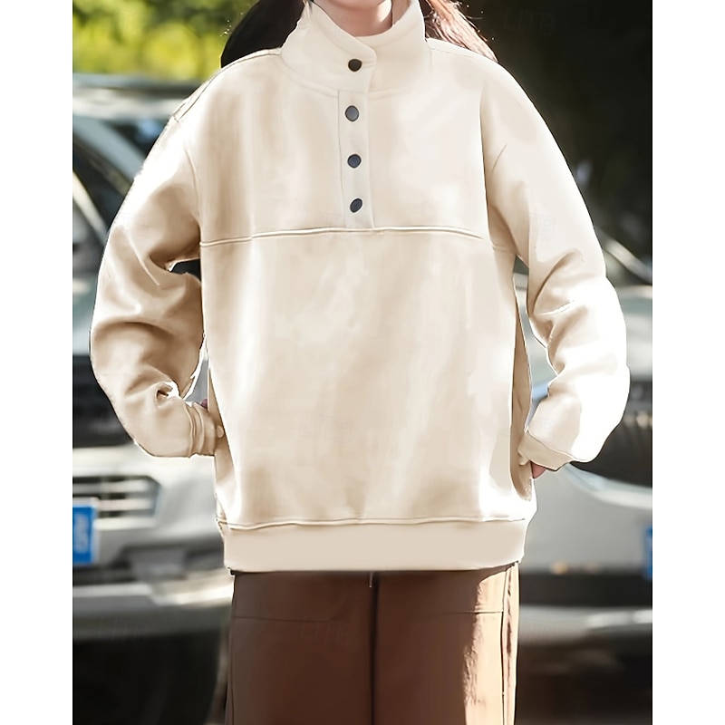 Women's Pullover Sweatshirt Plain Casual Long Sleeve High Neck Regular Tops Street Holiday Buttons Beige Fall Winter3