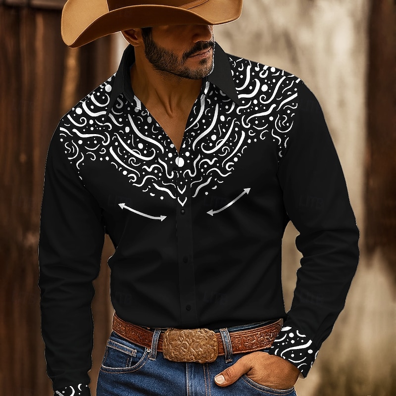 Men's Floral Print Ethnic Shirt Western Shirt Button Up Shirt Long Sleeve Vintage Retro Outdoor Casual WorkWear Spring Fall Turndown 3D Print Collared Shirts Black-Red Black+White Black+Blue3