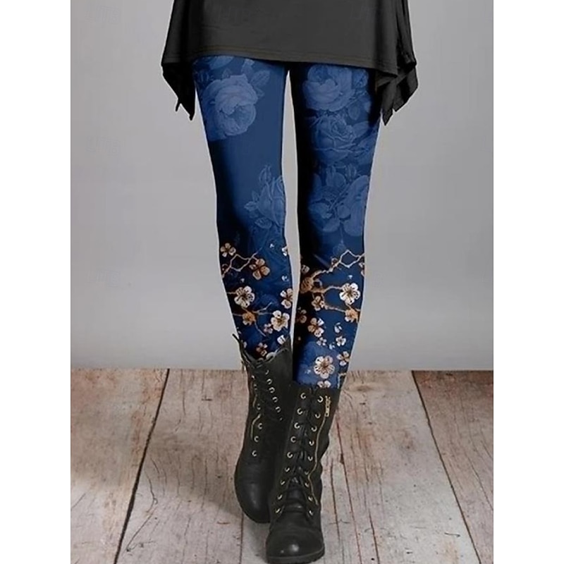 Women's Leggings Vacation Vintage Fashion Ankle-Length High Waist Floral Graphic Leaf Printing Thermal Warm Soft Breathable Stretchy Vacation Street Black Red Navy Blue Blue Spring Fall Winter Slim