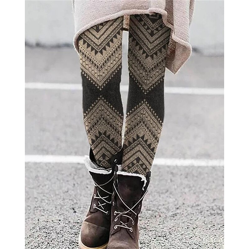 Women's Pants Trousers Leggings Cozy Leggings Ethnic Style Casual Full Length High Waist Geometic Elastic Waist Print Breathability Comfortable Stretchy Vacation Street Daily Wear Coffee Summer