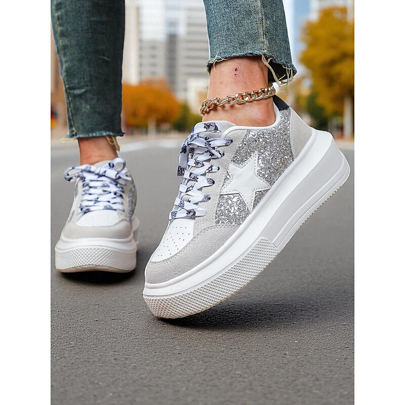 Women's Glitter Star Platform Sneakers - Red and White Chunky Lace-Up Casual Shoes with Sparkly Sequin Detail for Street Style, Travel & Festivals