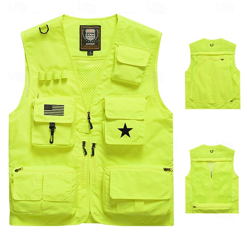 Men's US Flag Vest Gilet Fishing Vest Tactical Practical Casual Photography Camping & Hiking Hunting Quick Dry Multiple Pockets Fishing Vest with Removable Mesh Back Fall Winter Collarless Sleeveless