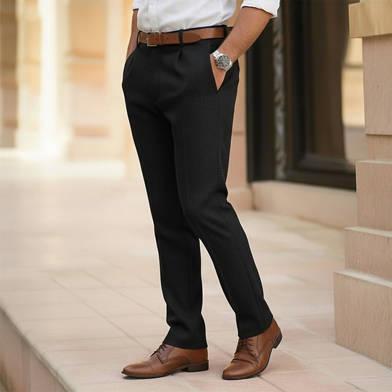 Men's Waffle Trousers Dress Pants Casual Pants Waffle Pants Solid Color Comfort Full Length Outdoor Business Daily Fashion Classic Style Black White Micro-elastic4