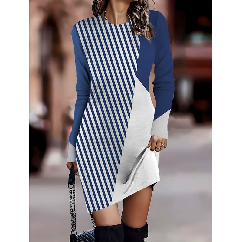 Women's Mini Dress T Shirt Dress Tee Dress Shift Dress Summer Dress Vacation Casual Party Daily Regular Fit Graphic Geometric Long Sleeve Crew Neck Blue Camel Spring Fall Winter2