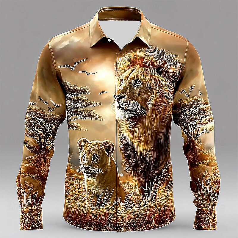 Men's Animal Lion Nature Shirt Button Up Shirt Long Sleeve Vintage Retro Outdoor Casual Holiday Spring Fall Turndown 3D Print Collared Shirts Dark Khaki Brown Green Khaki3
