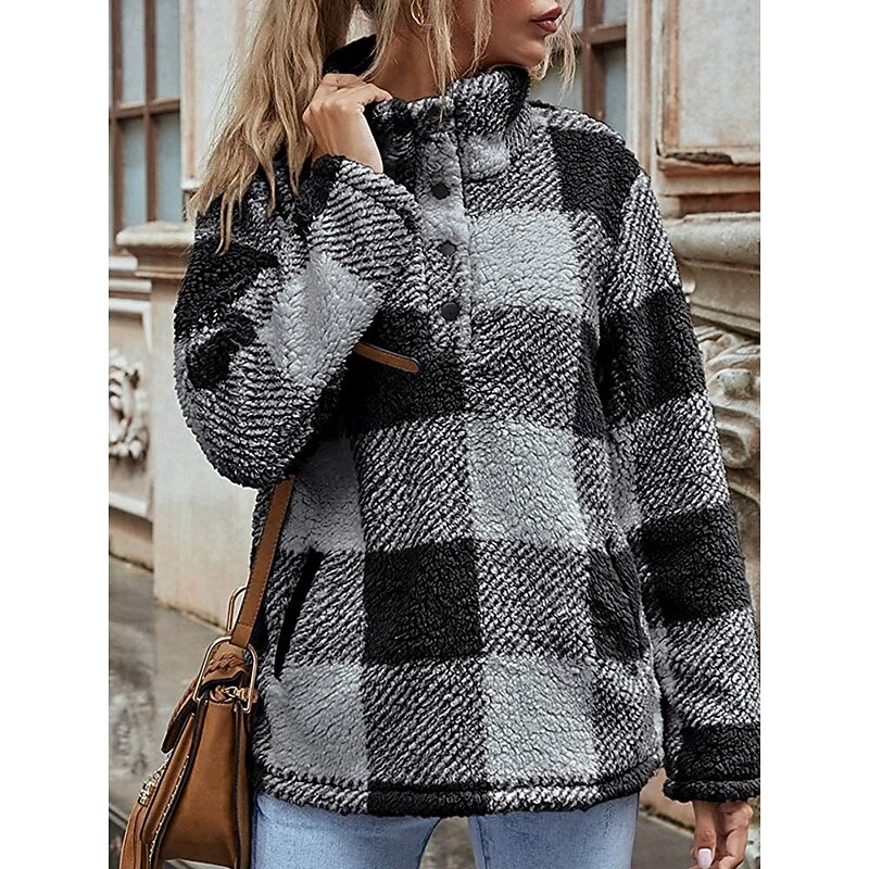 Women's Winter Coat Sherpa Jacket Comfortable Breathable Pocket Buttons Casual Plaid Vacation Street Casual Daily Wear Single Breasted Regular Lapel Regular Fit Long Sleeve Outerwear Black Red Green3
