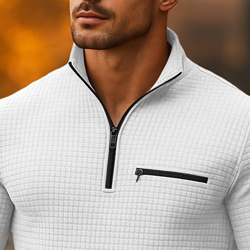 Men's Waffle Polo Shirts Vacation Work Quarter Zip Long Sleeve Fashion Comfortable Color Block Zip Up Pocket Spring &  Fall Regular Fit Black White Navy Blue Orange Waffle Polo Shirts2