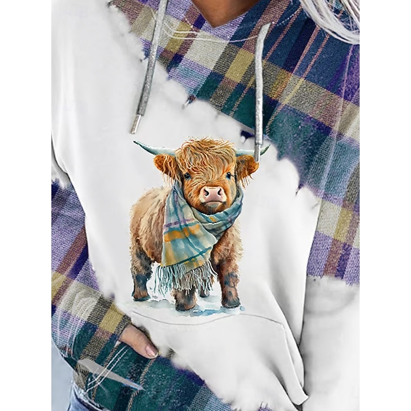 Women's Pullover Hoodie Sweatshirt Graphic Plaid Cow Casual Long Sleeve Hooded Regular Tops Party Evening Wear Street Dailywear Purple Green Spring Fall Winter3