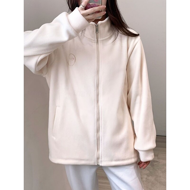 Women's Sherpa Jacket Casual Jacket Comfortable Breathable Zipper Casual Plain Vacation Street Casual Daily Wear Zipper Regular Stand Collar Regular Fit Long Sleeve Outerwear Navy Apricot Spring Fall2