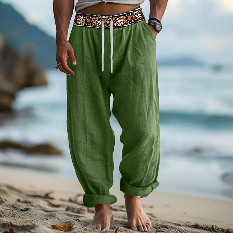 Men's Linen Pants Trousers Summer Pants Beach Pants Drawstring Patchwork Elastic Waist Plain Comfort Breathable Full Length Casual Daily Holiday Vacation Fashion Green Khaki