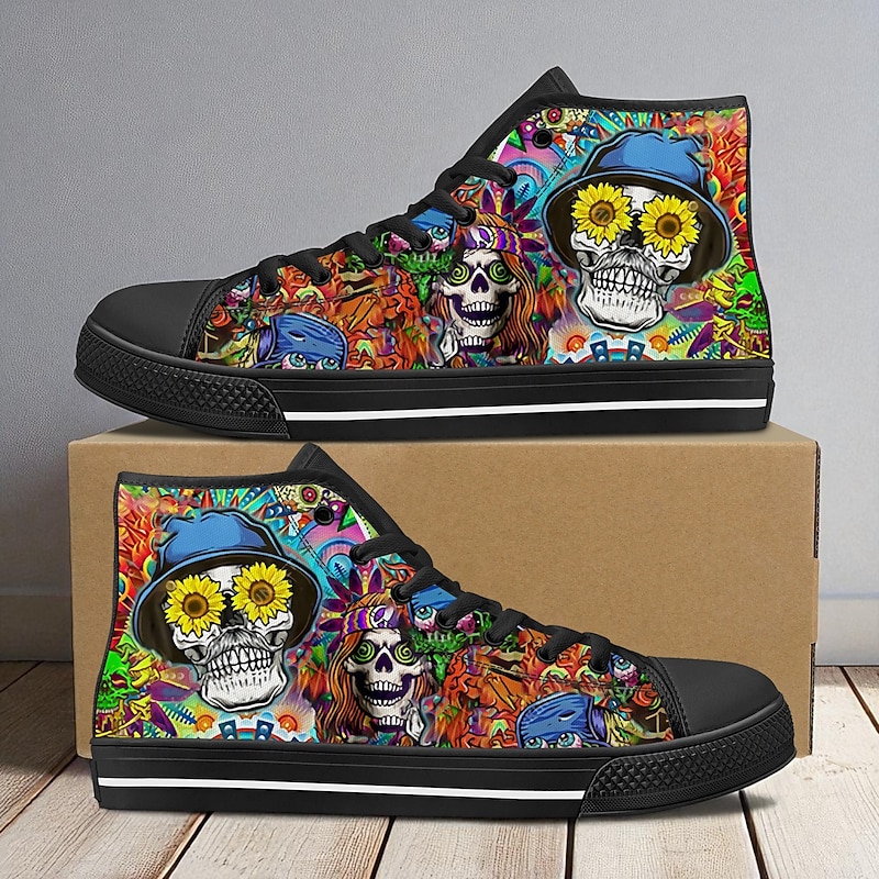 Men's Halloween Skull High Top Sneakers – Colorful Printed Canvas Lace-Up Shoes for Party, Streetwear and Cosplay3