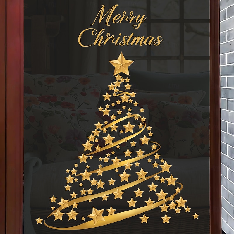 Christmas Sticker Wall Decals Gold Star Christmas Tree Removable Vinyl Mural Holiday Party Scene Glass Window Display Background Decoration For Christmas Festival Home Atmosphere