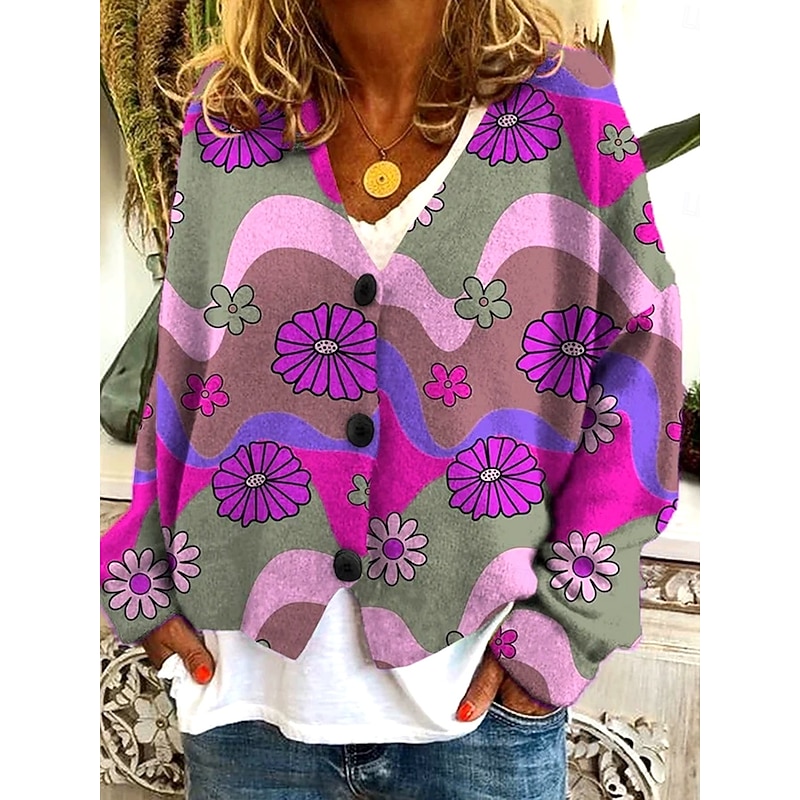 Women's Sweater Cardigan Elegant Vintage Fashion Floral V Neck Pocket Knitted Print Long Sleeve Regular Tops Knit Outdoor Daily Weekend Purple Orange Fall Winter2