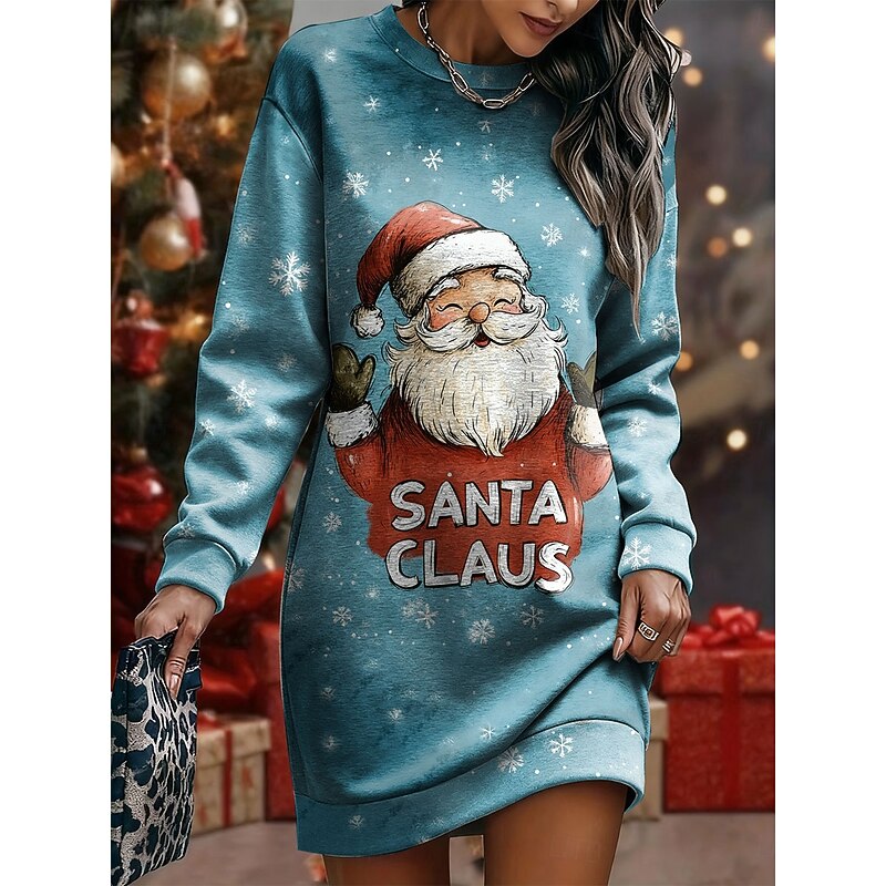 Christmas Women's Knee Length Dress Shift Dress Vacation Casual Birthday Date Regular Fit Graphic Santa Claus Long Sleeve Crew Neck Black Red Blue Spring Fall Winter3