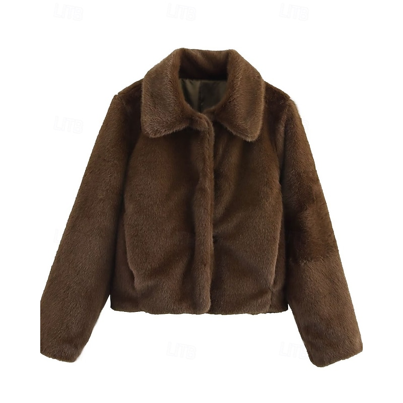 Women's Teddy Coat Faux Fur Coat Warm Comfortable Buttons Furs & Leathers Casual Plain Street Casual Daily Wear Going out Short Regular Turndown Regular Fit Long Sleeve Outerwear Brown Fall Winter