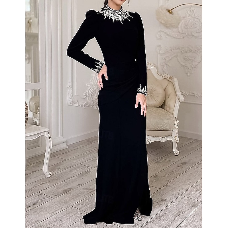 Black Crystal-embellished Couture Style Mermaid / Trumpet Sheath / Column Evening Gown Elegant Formal Dress Formal Wedding Floor Length Long Sleeve High Neck Stretch Crepe V Back with Pleats 2025