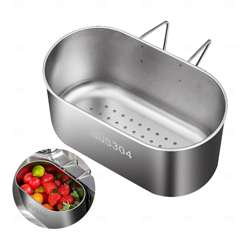 Stainless Steel Sink Drain Strainer Basket Kitchen Drain Filter with Perforated Mesh Design Heavy-Duty Oval Multi-Functional Dish Drainer for Filter Food Waste and Wash Fruits or Vegetables