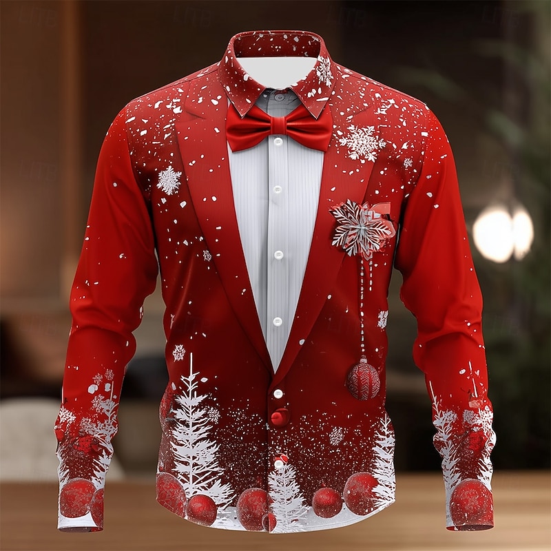 Christmas Men's Christmas Tree Christmas Costume Suit Tie Printed Tuxedo Shirt Button Up Shirt Long Sleeve Funny Outdoor Holiday Spring Fall Turndown 3D Print Collared Shirts Red 1 Red